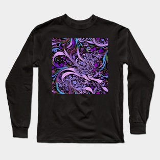 Psychedelic Art Nouveau Alphonse Mucha Pink Purple on Black Floral Graphic Print Long Sleeve T-Shirt